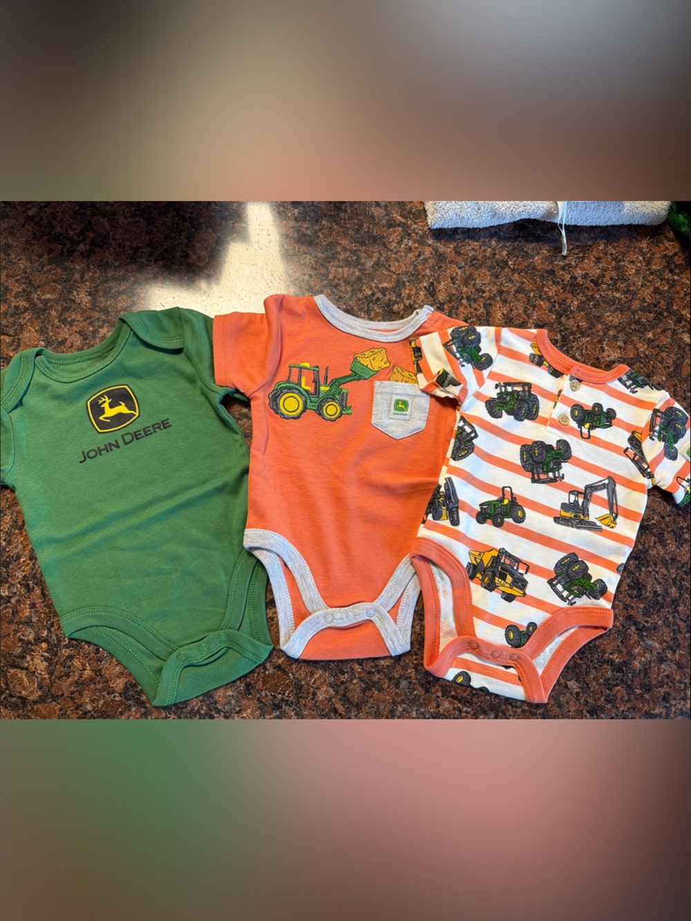 John Deere Green and Orange Baby Tractor Onesie Trio